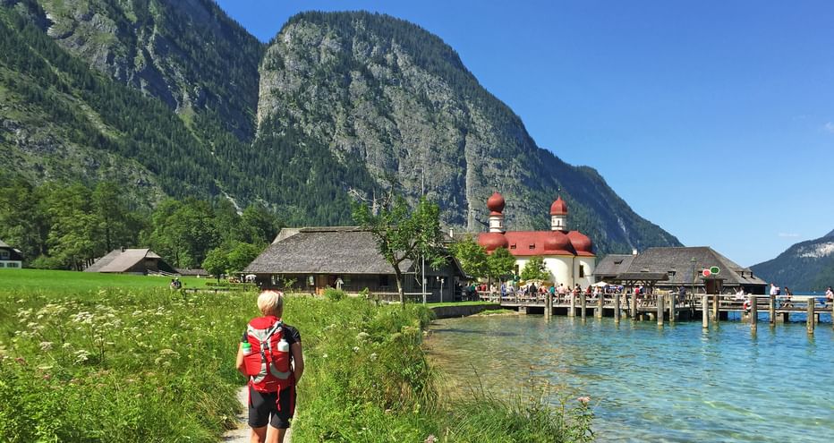 Hiker on the way to St. Bartholomä am Königssee