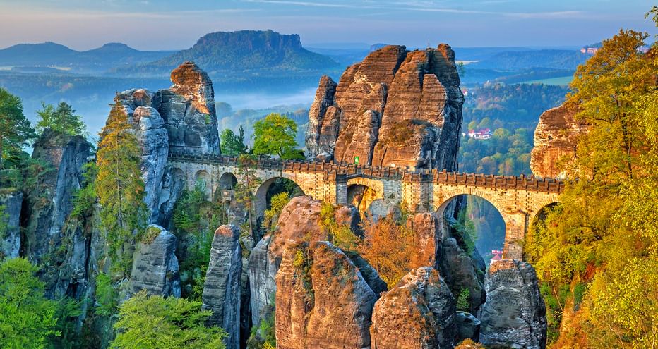 Panoramic view on the Bastei bridge on the hiking trail