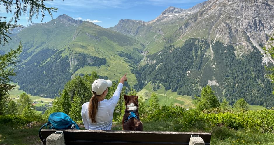 Wanderer und Hund machen Pause und sehen auf den Berggipfel