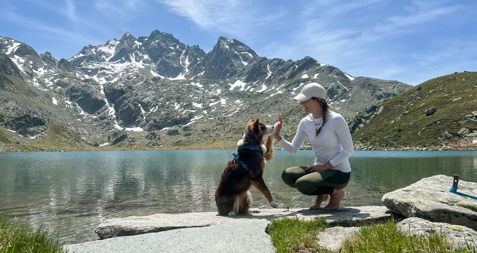 Frau in weißem Shirt und Kappe hockt neben einem Hund auf Felsen am Rusettasee, mit schneebedeckten Bergen im Hintergrund an der Via Spluga.