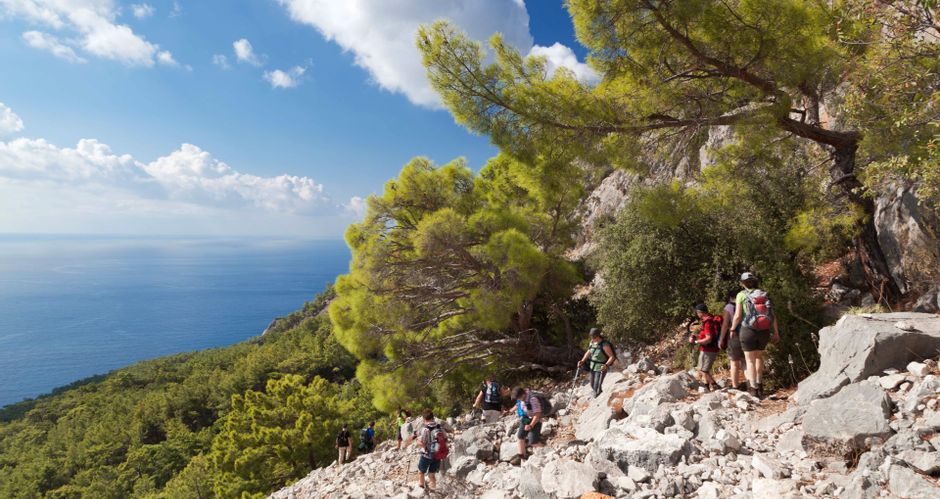 Hiking group descending a stony path above a wooded bay on the Lycian Way