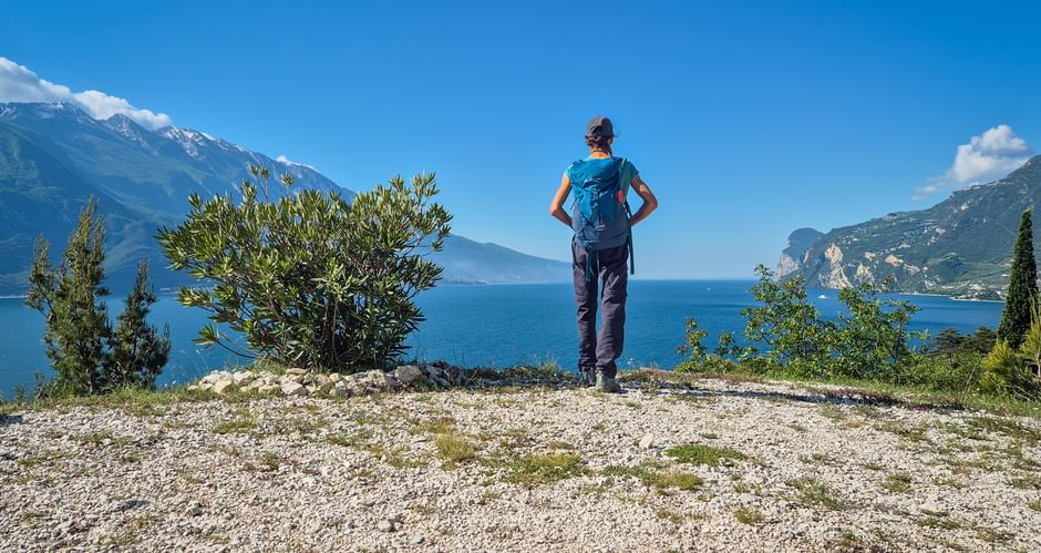 Hiker at Punta Larici on Lake Garda