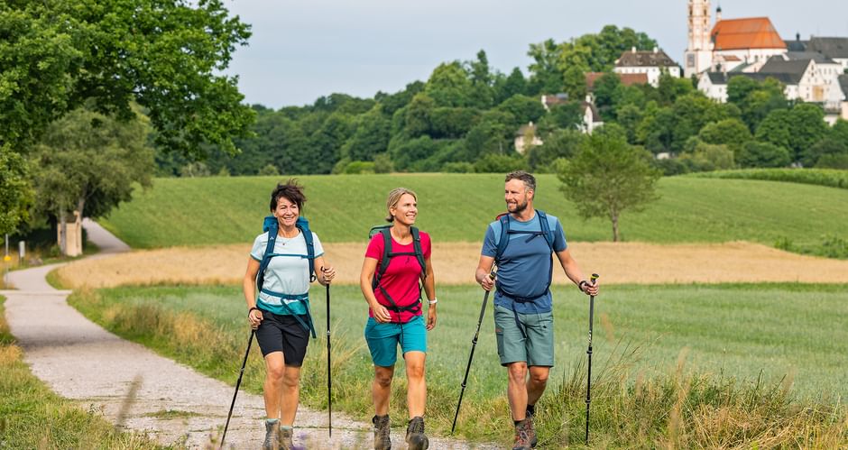 Hikers on a hiking trail near Andechs Monastery